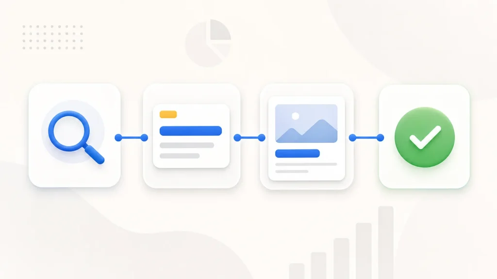 Process flow sequence: search, a document, a second content card with image, leading to a completed checkmark.
