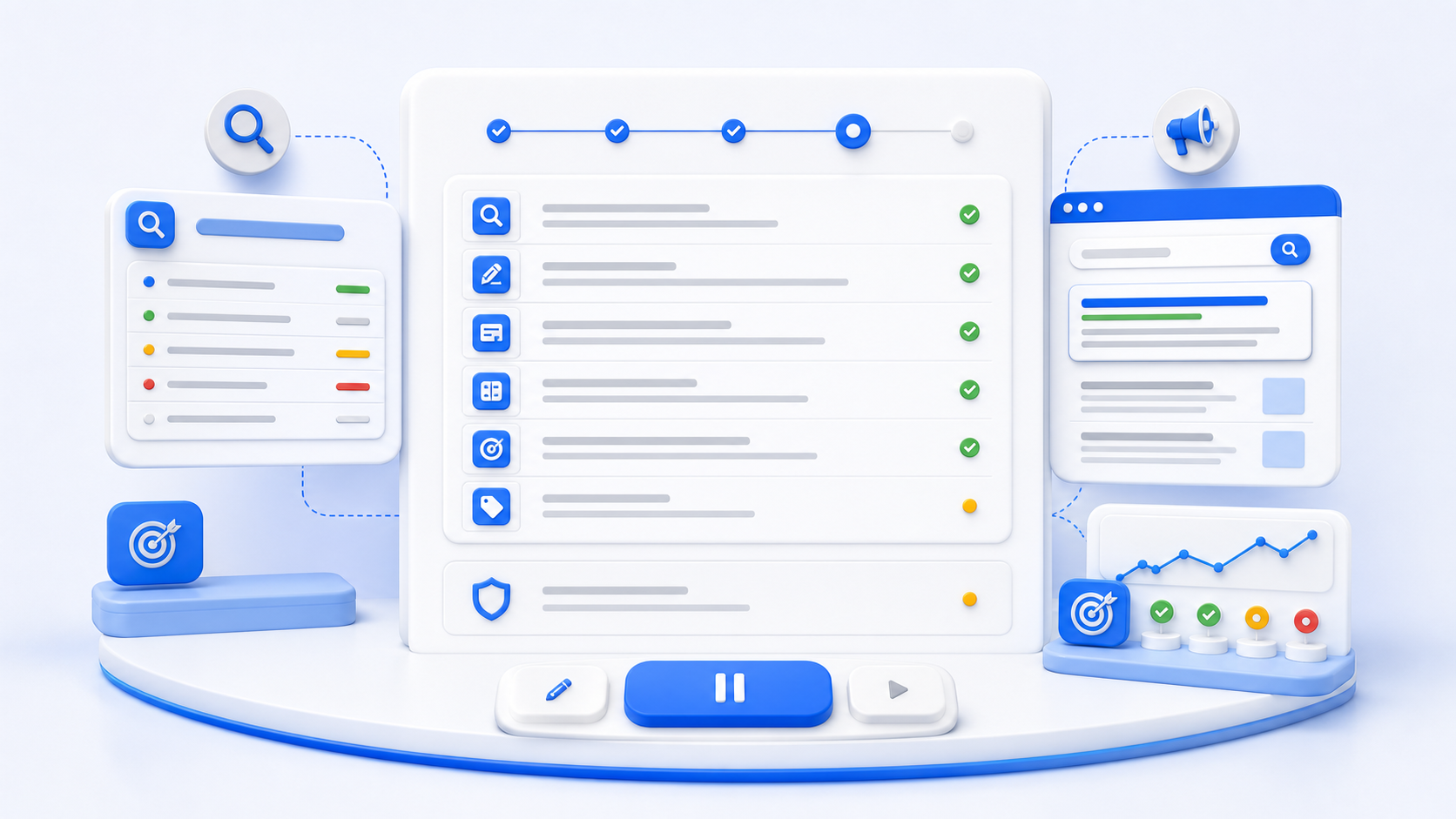 Central 3d dashboard with lists, checkmarks, and blue ui icons on a white panel. Right chart and left lists suggest analytics workflow.