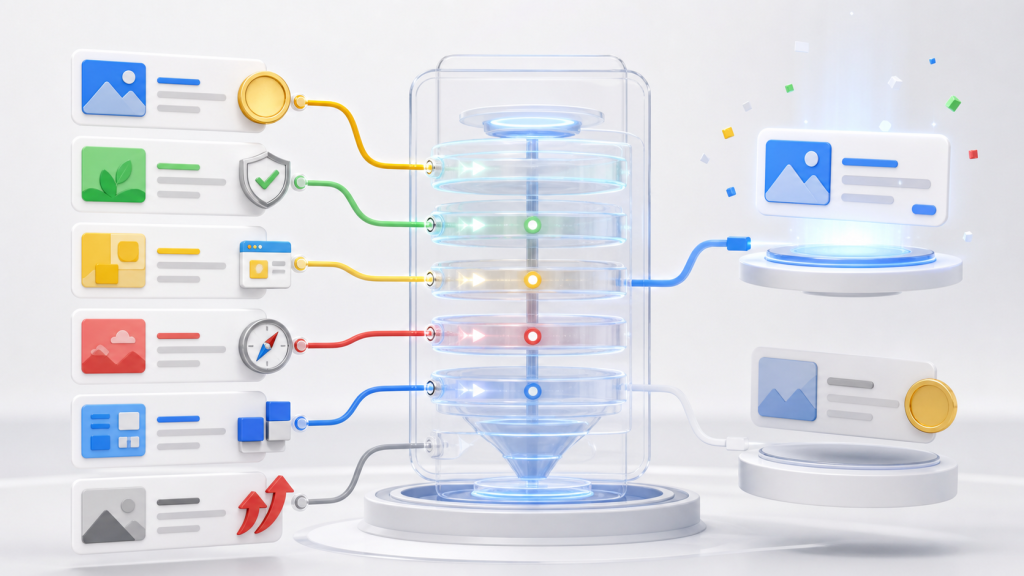 Infographic of a futuristic data pipeline: left cards feed into a transparent chamber with spiraling rings, powering a right-side display.