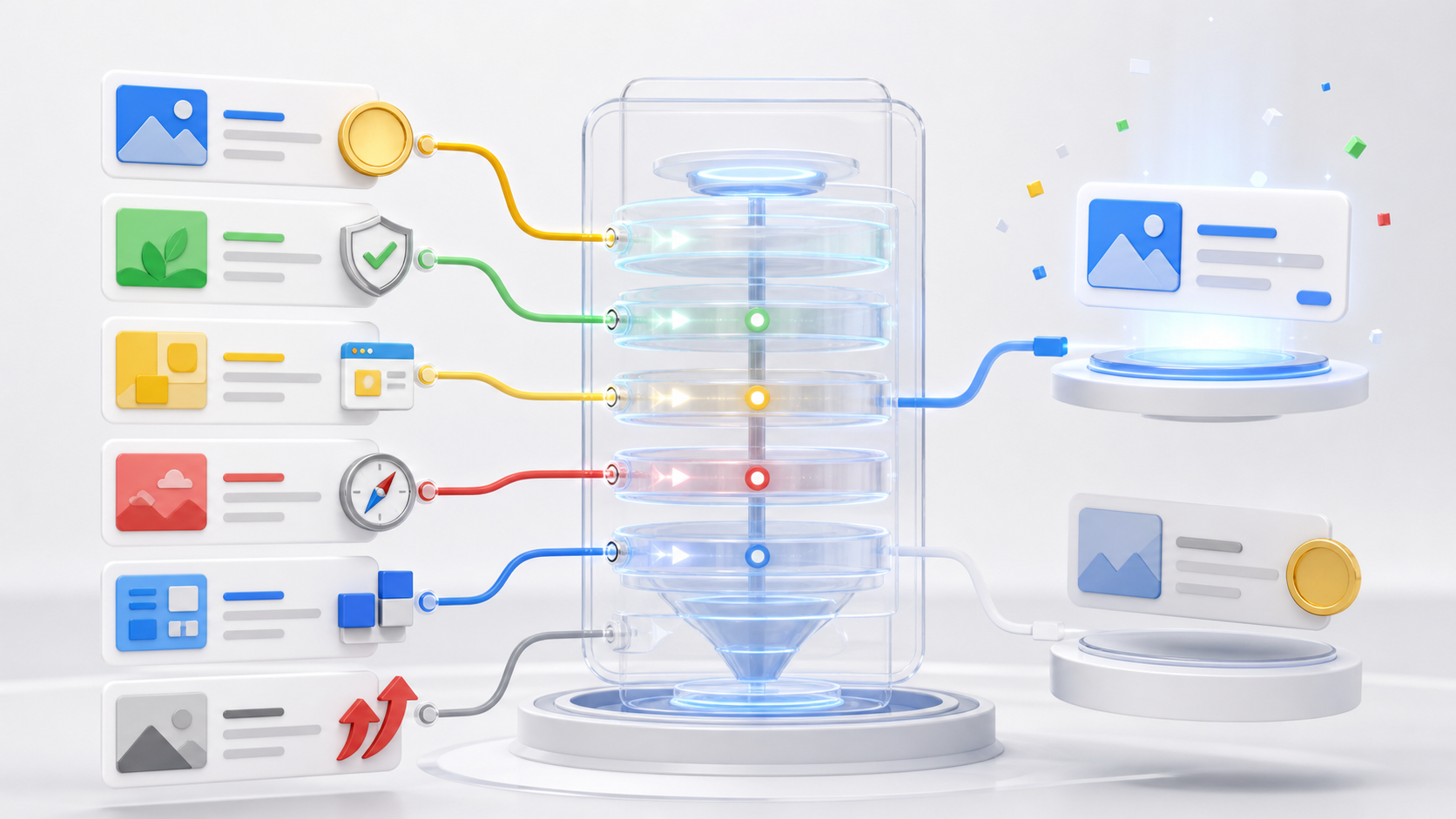 Infographic of a futuristic data pipeline: left cards feed into a transparent chamber with spiraling rings, powering a right-side display.