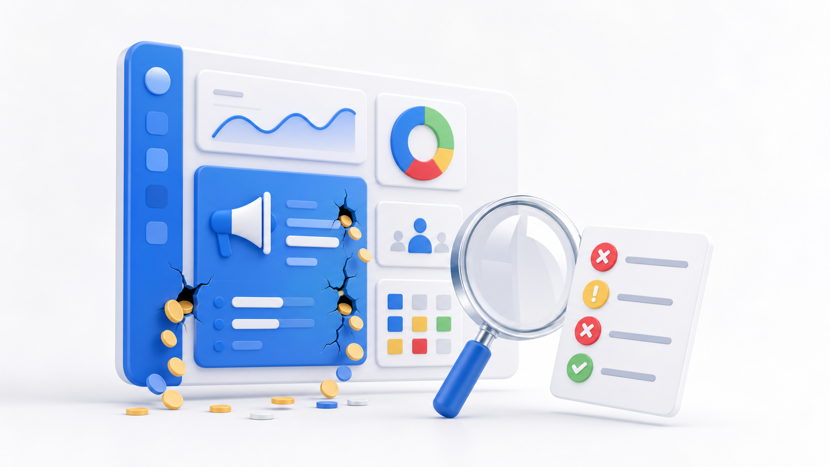3D dashboard with charts and a magnifying glass, symbolizing data analysis and audit.