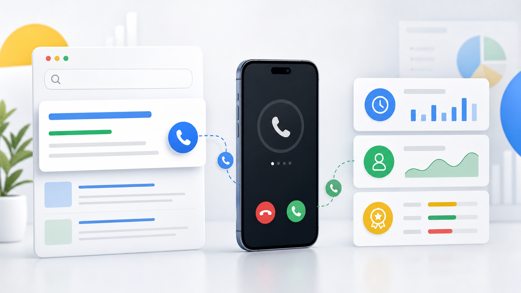Smartphone in the center with an incoming call screen, surrounded by floating data panels and charts on a light background.