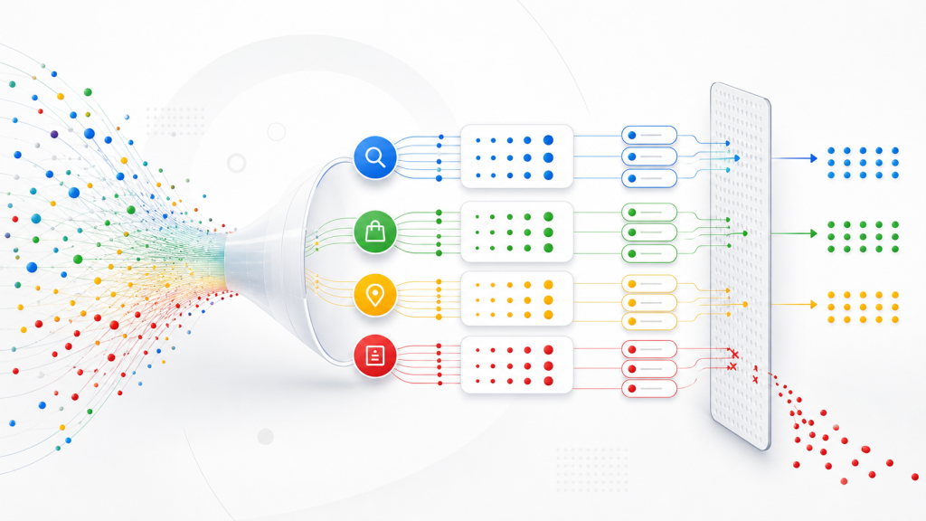 Abstract data-processing infographic: colorful input streams converge into a central router with four category panels.