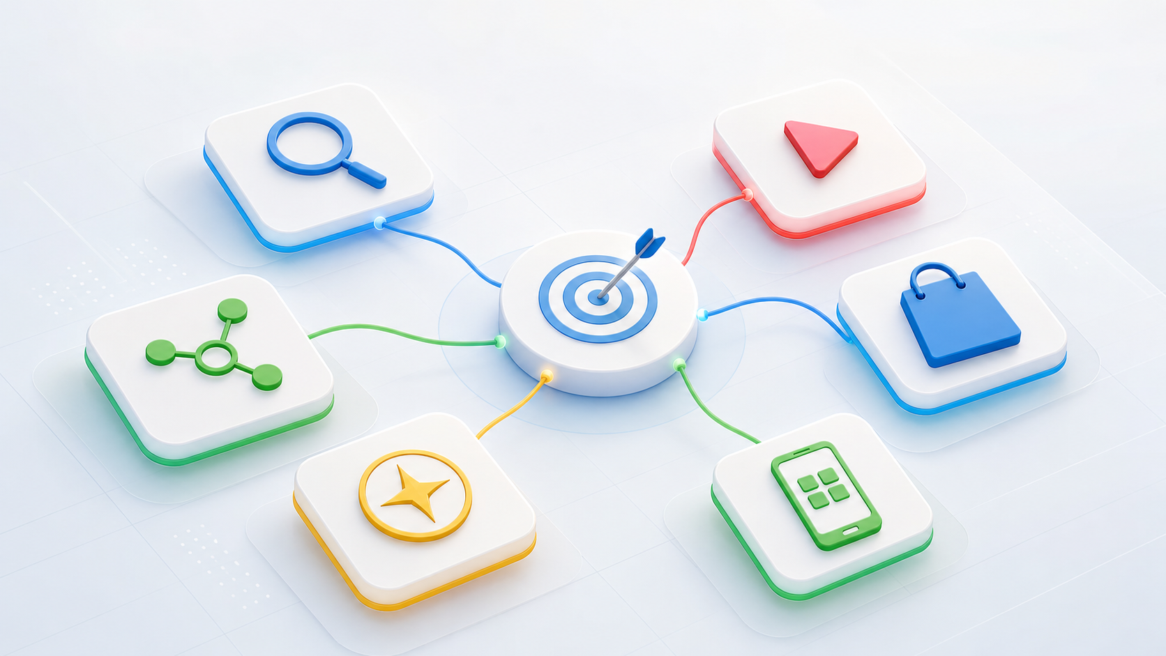 Infographic showing a central target hub with an arrow, connected by spokes to six icons (search, play/video, shopping bag, network/share, star, smartphone) representing integrated channels.