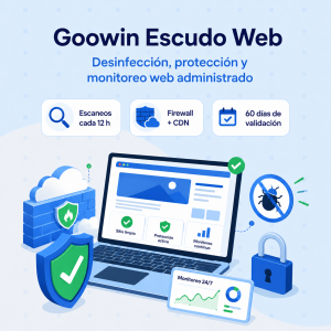 Arte-escudo-web | Promotional hero for goowin escudo web: web security features (scans every 12h, firewall + cdn, 60-day validation) with a laptop, shields and lock imagery.