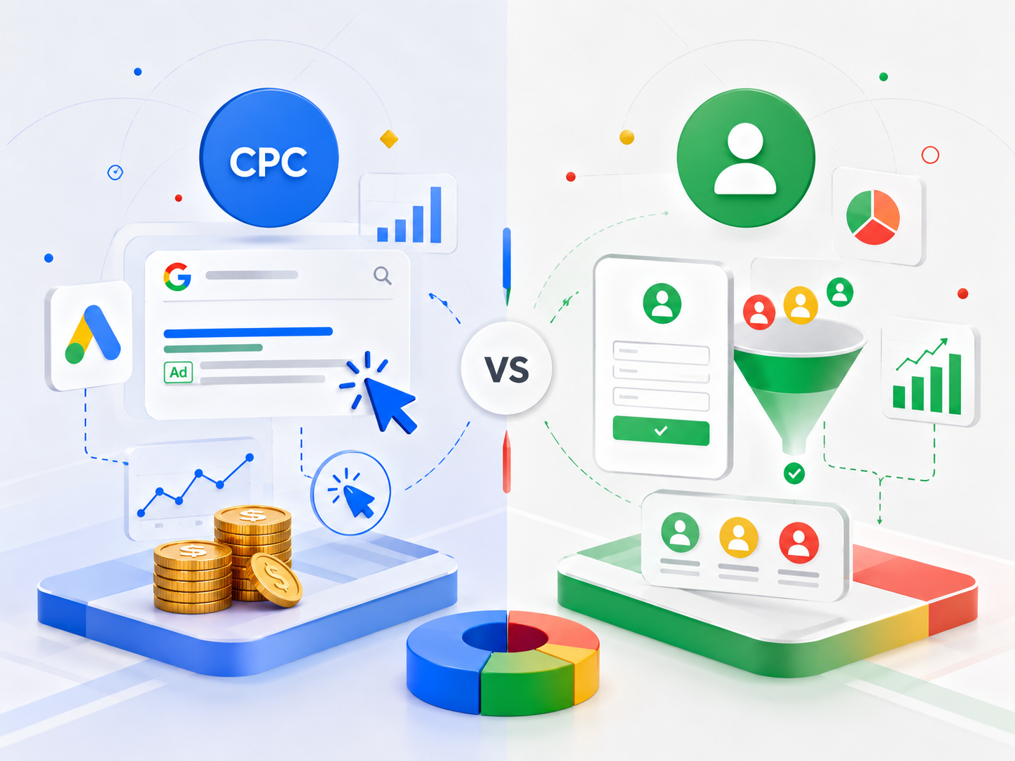 Split-screen illustration comparing cpc online ads (left) with crm/lead funnel analytics (right), connected by a vs in the center.