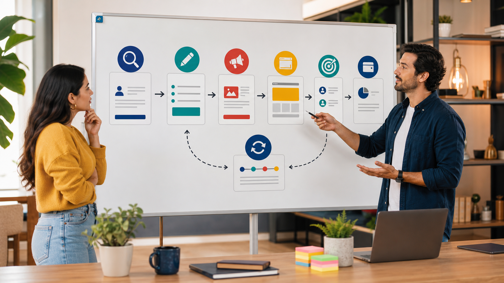Two coworkers discussing a step-by-step workflow diagram on a whiteboard in a modern office setting.