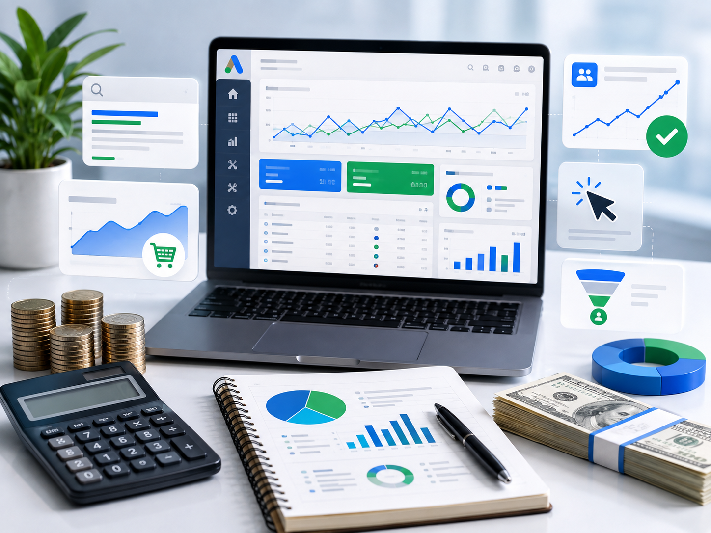 Laptop displaying a detailed analytics dashboard with line charts and widgets, on a desk with financial reports, calculator, and money stacks.