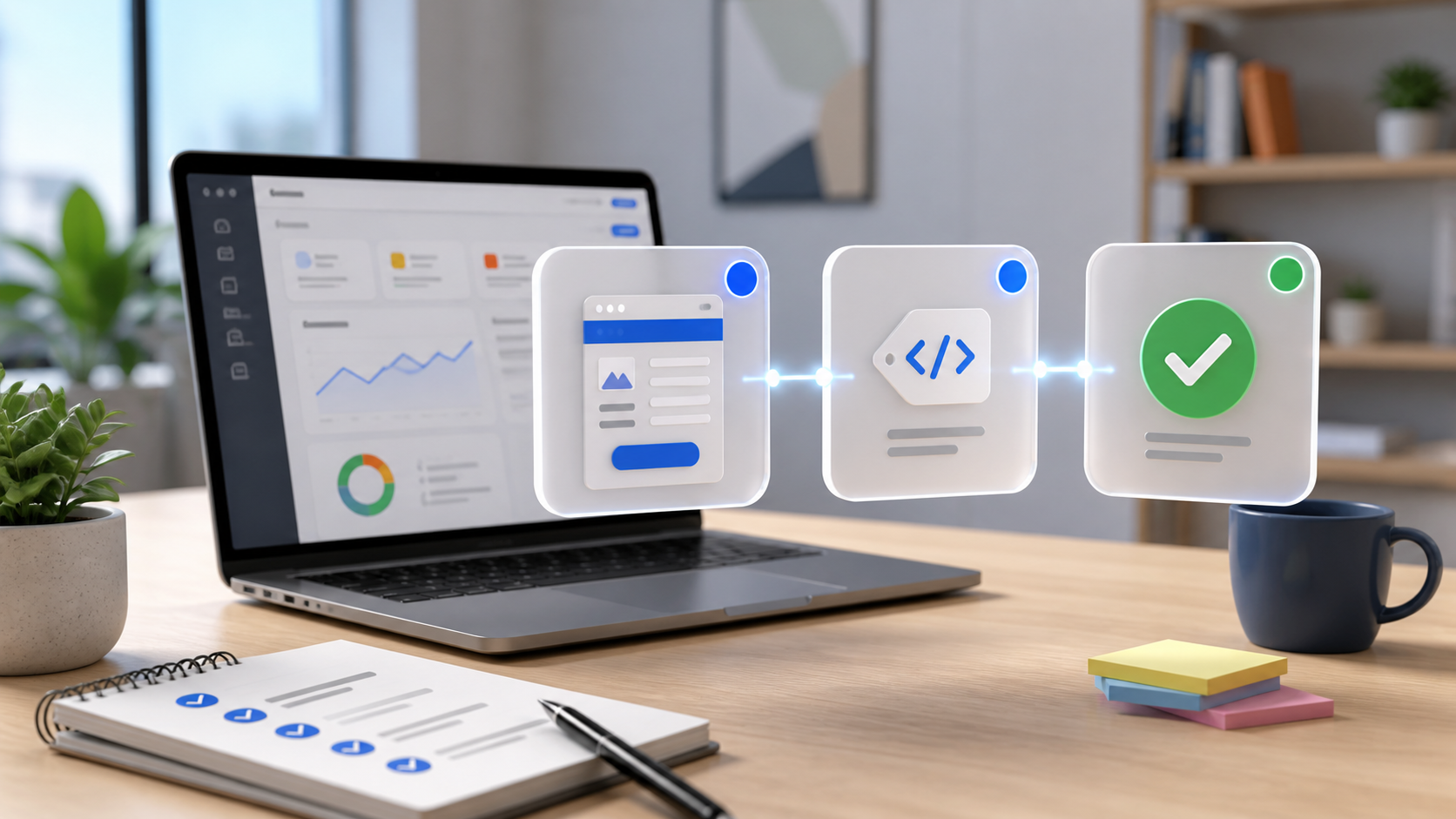 Illustration of a software workflow: ui/mockup card, coding icon, and a green checkmark floating above a desk with a laptop.
