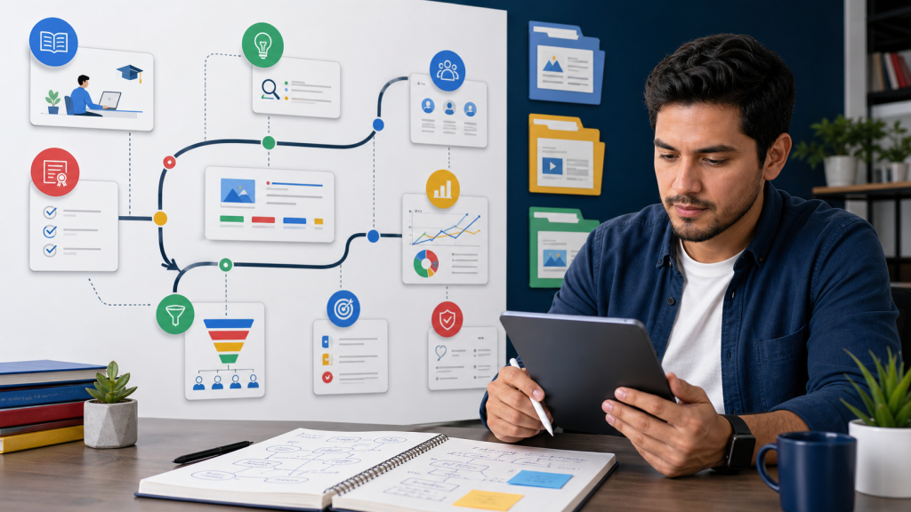 Man at a desk uses a tablet while a large project flowchart with icons and graphs fills the wall behind him.