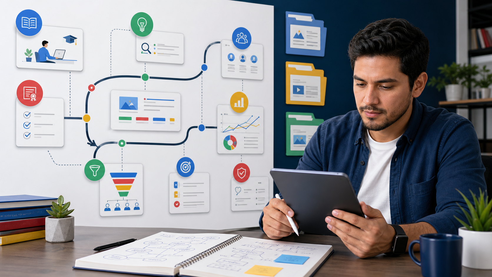 Man at a desk uses a tablet while a large project flowchart with icons and graphs fills the wall behind him.