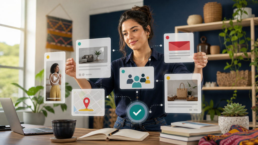 Woman uses floating digital cards to view products and information in a bright home office period.