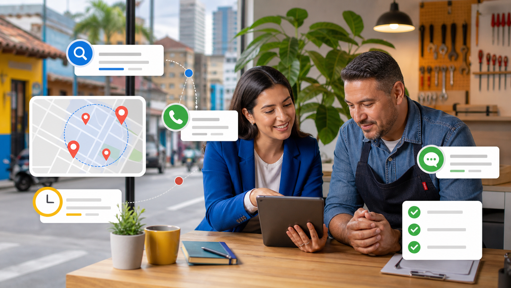 Two coworkers review a tablet at a cafe as floating icons show a map with pins, search, and messages.