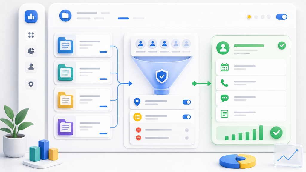3D infographic of a data workflow: multiple panels feed a central funnel that outputs to a green KPI panel with icons and charts.