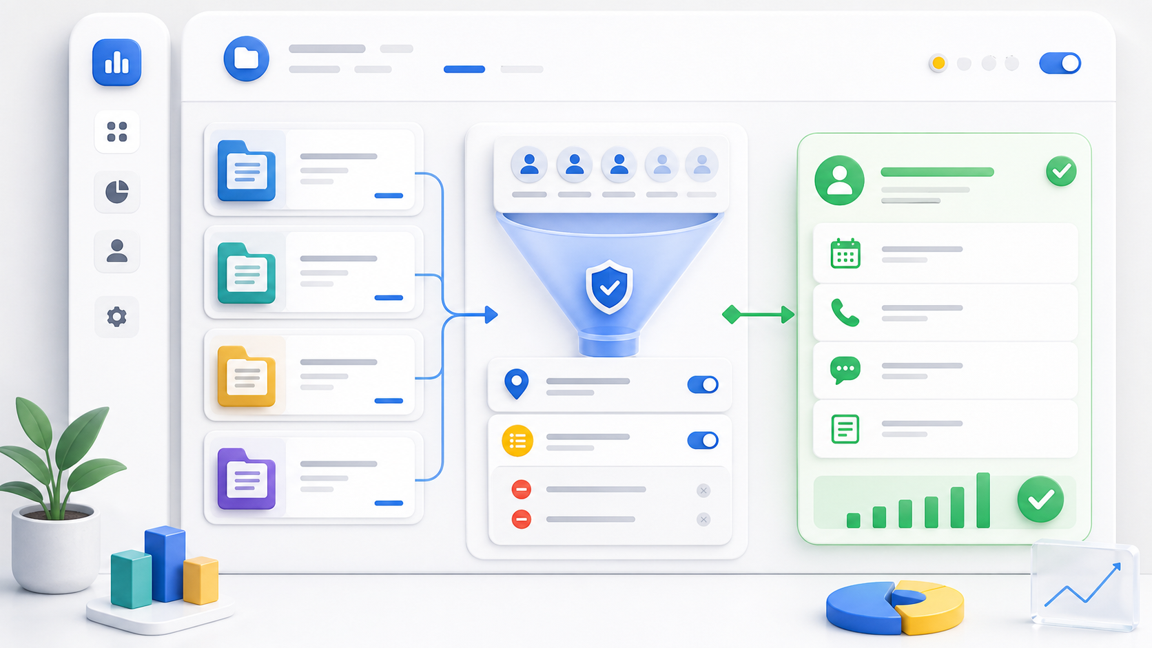 3D infographic of a data workflow: multiple panels feed a central funnel that outputs to a green KPI panel with icons and charts.