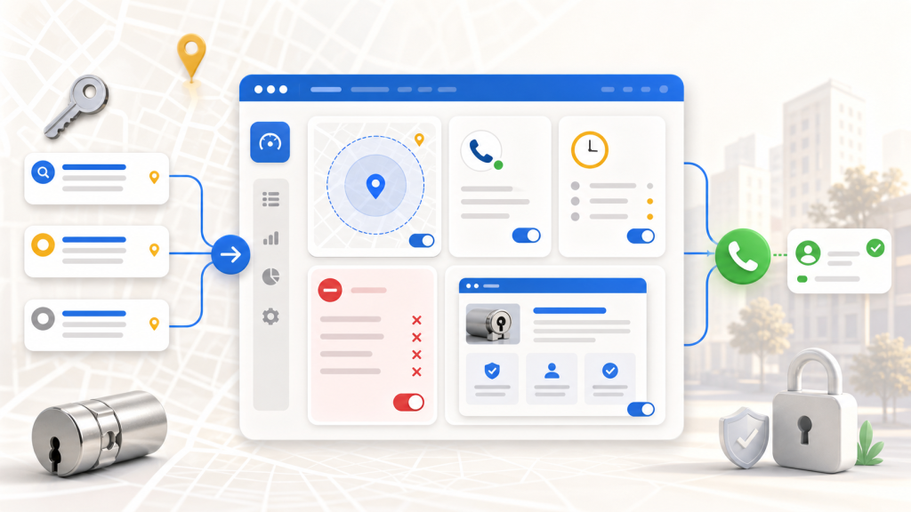 Abstract secure dashboard UI showing maps, location pins, and security icons linked by blue lines to convey protection and access control.