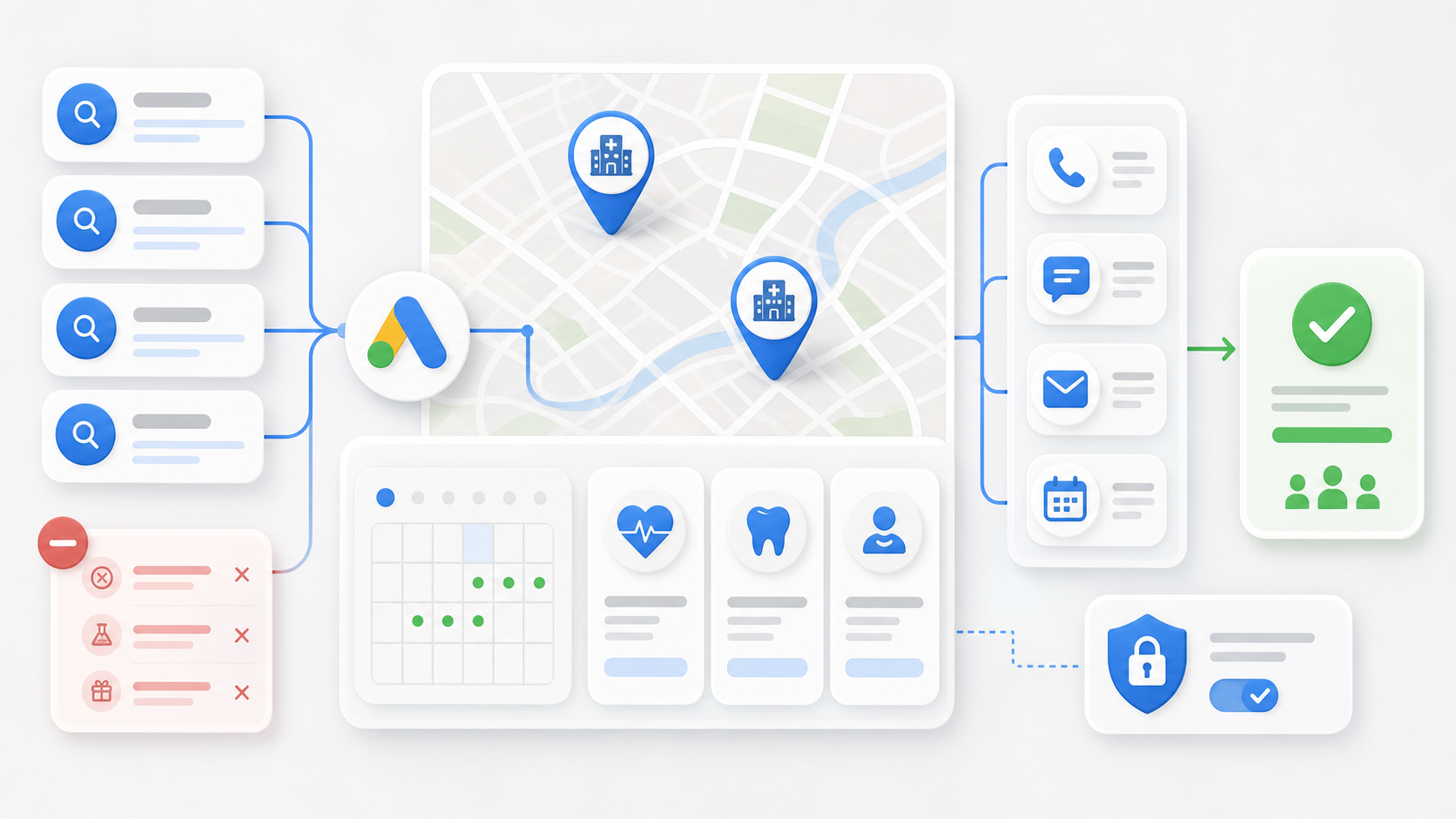 A stylized dashboard showing a city map with two location pins connected to a central logo, surrounded by panels for search results, tasks, and patient data.