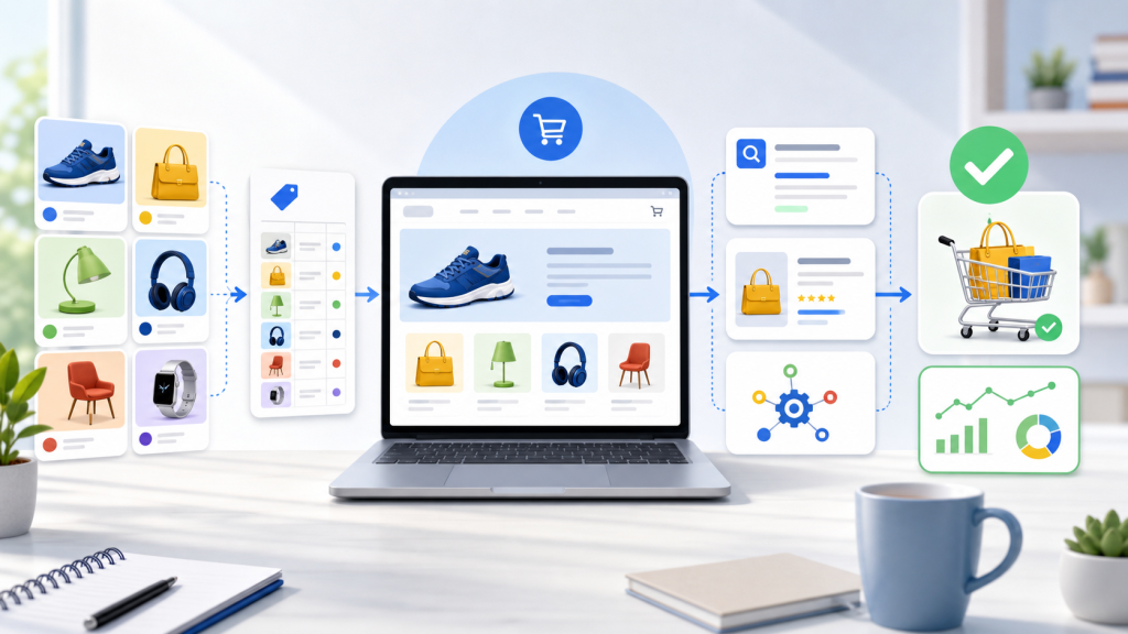 Illustration of an e-commerce workflow: products on left, laptop catalog in center, checkout and cart on the right with green check marks.