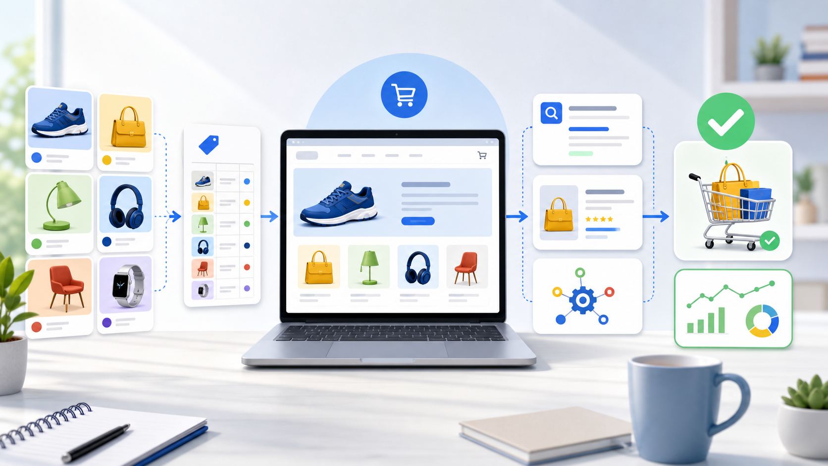 Illustration of an e-commerce workflow: products on left, laptop catalog in center, checkout and cart on the right with green check marks.