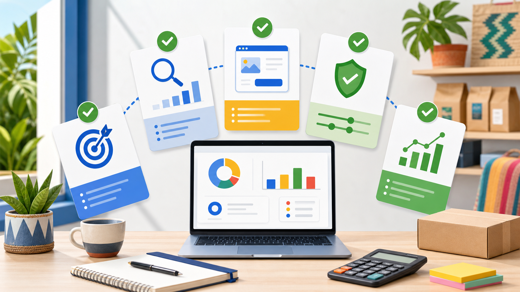 Laptop on a desk with floating analytics cards and green check marks, illustrating dashboards and data insights
