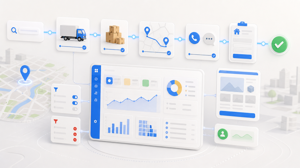Futuristic logistics dashboard with interconnected panels showing map, truck, packages, route, contact, and a green check mark