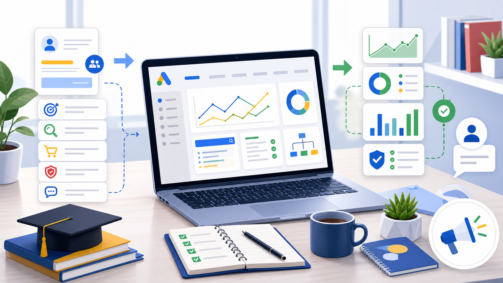 Laptop displaying multiple analytics dashboards and charts with collaboration and progress icons around it