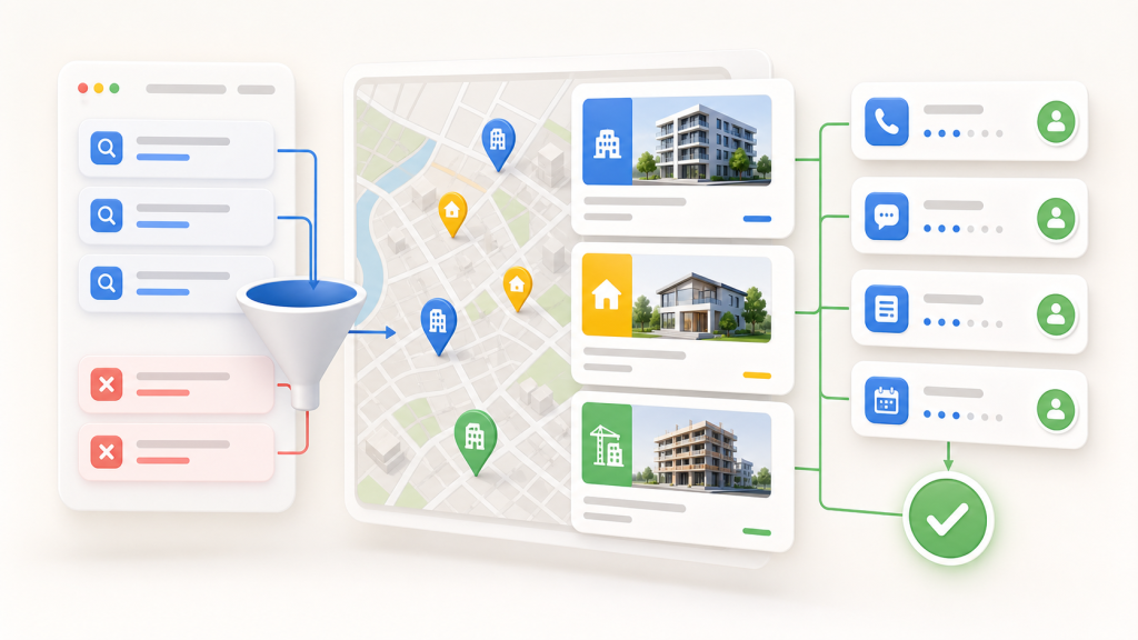 Workflow infographic: left search results funnel into a central map with location pins and right-side property tiles, ending with a green checkmark beside steps.