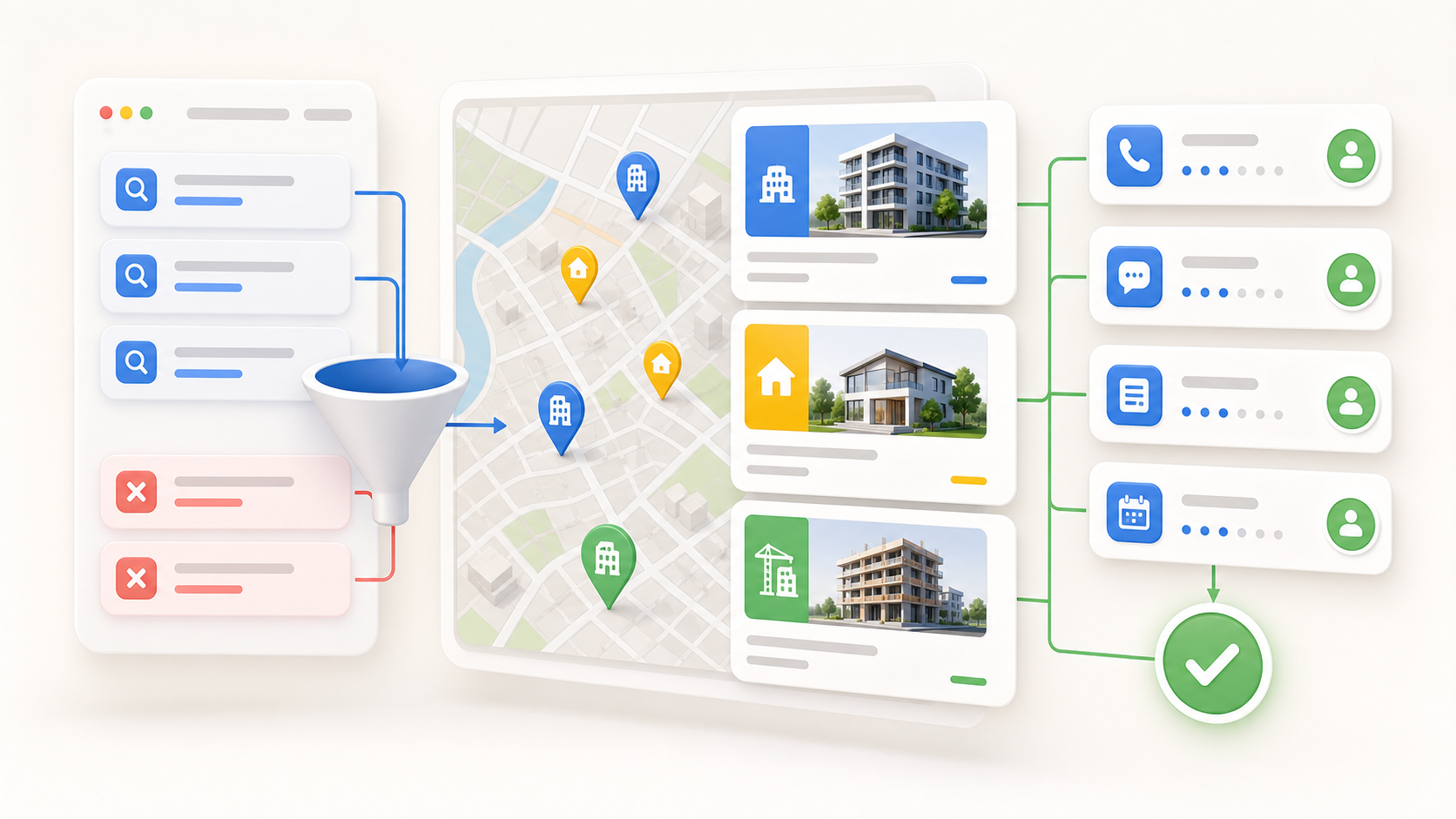 Workflow infographic: left search results funnel into a central map with location pins and right-side property tiles, ending with a green checkmark beside steps.