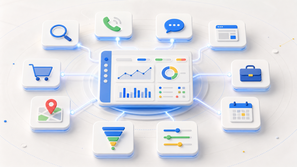 Central analytics dashboard with connected icons for search, phone, chat, web, cart, maps, and calendar showing data widgets and charts.