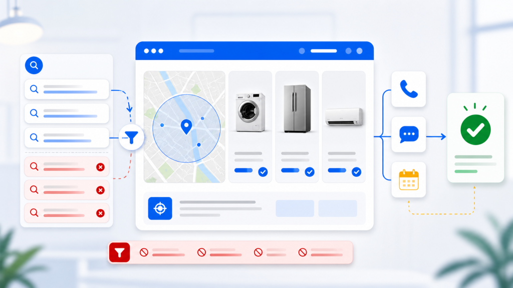 Dashboard-style illustration with a map and blue location pin, surrounded by devices and a left filter panel.