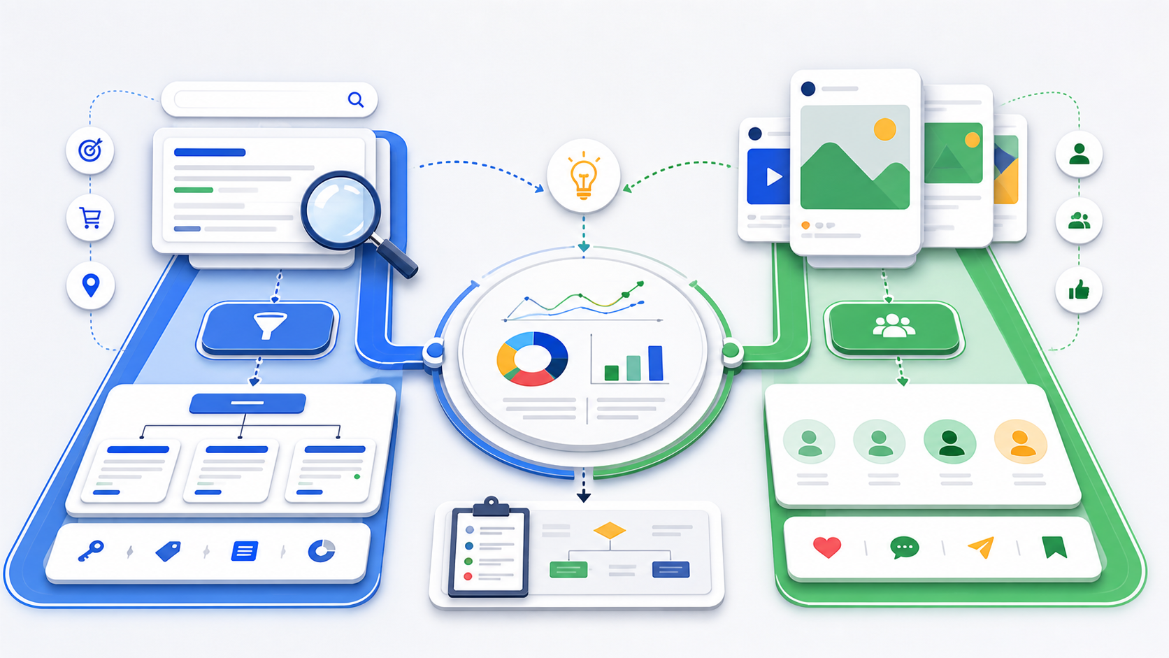 Infographic showing a blue left workflow and green right workflow converging at a central data dashboard with charts and icons.