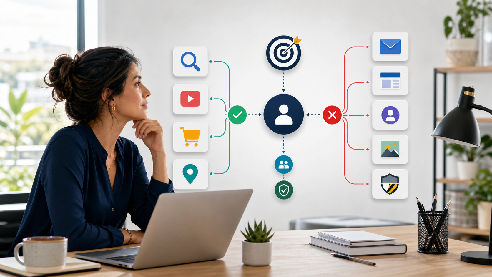 Woman at a desk studying a wall-mounted user-flow diagram with inputs on the left and outputs on the right.