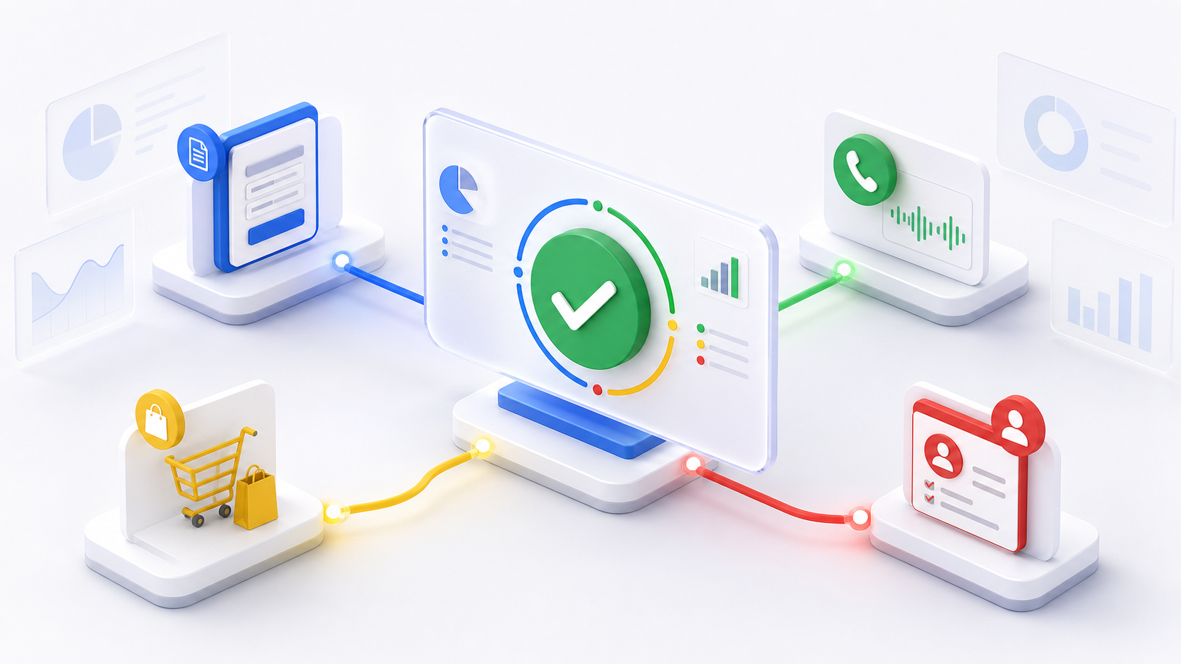 Central monitor displays a green checkmark, connected to blue, yellow, and green data panels indicating status and analytics.