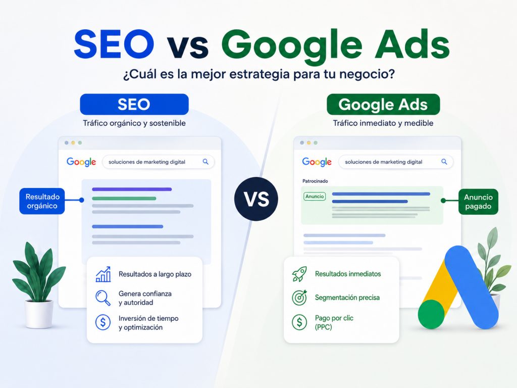 Infographic comparing SEO y Google Ads: lado izquierdo SEO con resultados orgánicos; lado derecho, anuncios pagados de Google Ads, con barra de búsqueda en ambas columnas y logotipos.